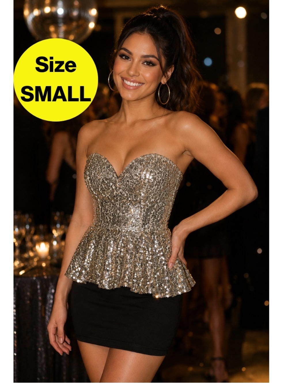 2/for $20 ๐ชฉ A'GACI Strapless Peplum Mini Dress, Sequins Bodice (Womenโs Small)